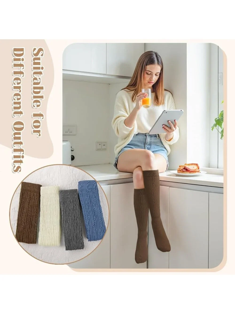 🧦Women's Brown Grey 4 Pairs Slouchy Socks Boot Long Knee High Slouch Socks